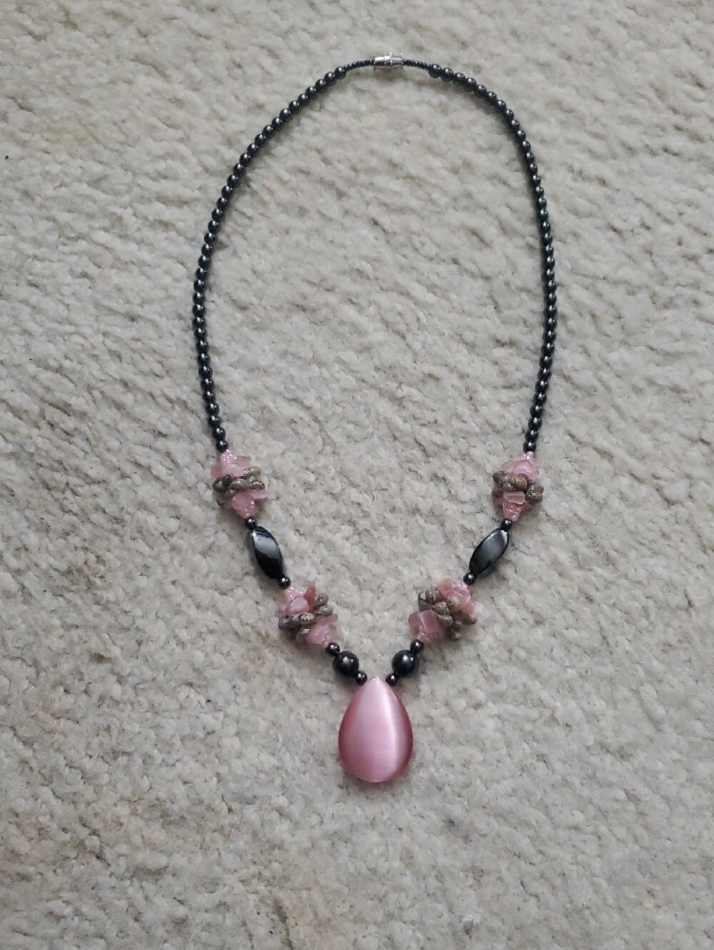 VINTAGE Handcrafted, Pink Crystal Teardrop Pendant, With Black Gunmetal Beads
